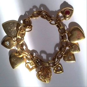 One of a Kind Charm Bracelet Gold Tone Hearts and K